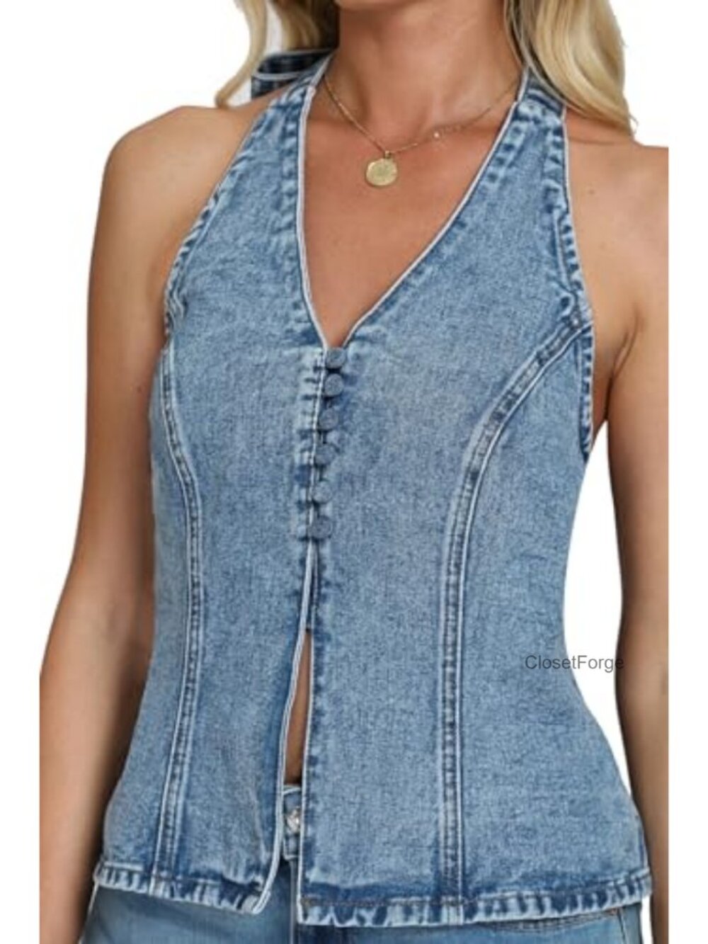Sleeveless Denim Vest Halter Top Tie Back Button Down Front Slit Y2K Jean Tank